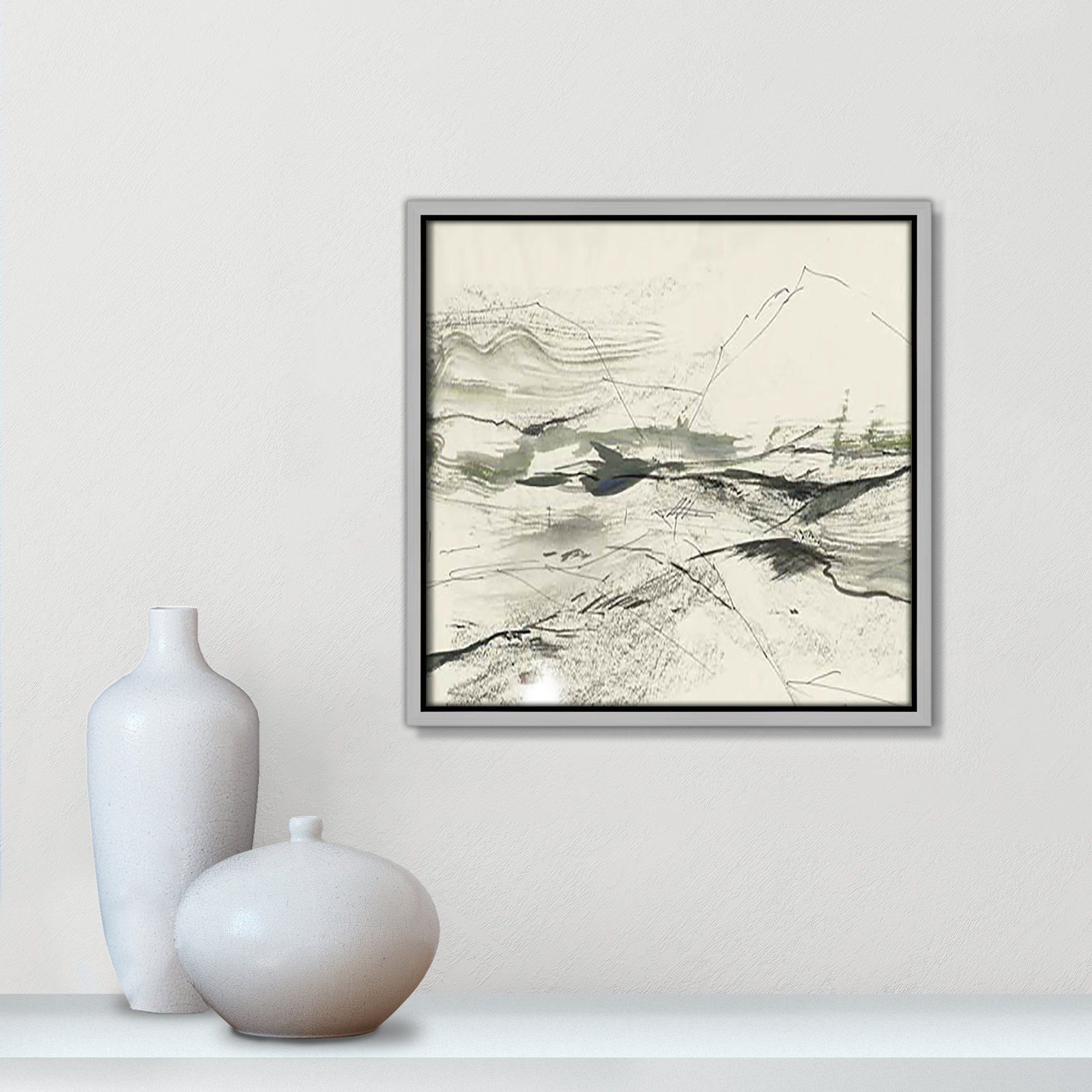 Green Sketches, 13.5" H x 13.5" W x 2" D, Silver Floater Framed