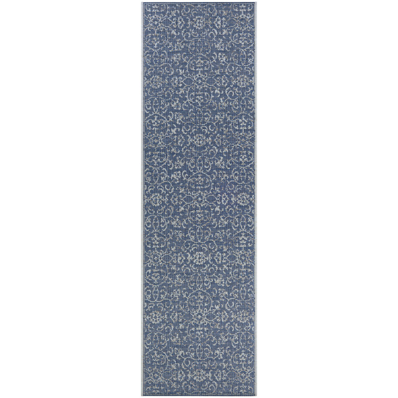 Kraatz Floral Navy Ivory Flatwoven Indoor Outdoor Area Rug, Runner 2'3" x 7'10"