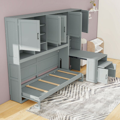 Lit escamotable double de type Murphy avec placard, bureau et Ã©tagÃ¨res de rangement