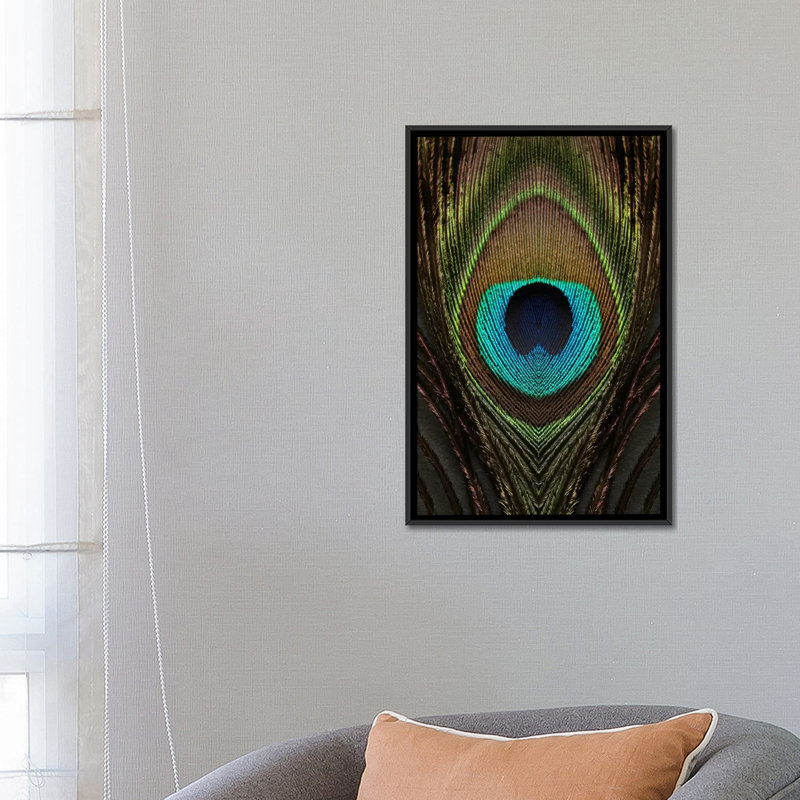 Symétrie du plumes peacock, impression sur toile, H 26 po x l 18 po x P 1,5 po, Toile avec cadre noir, Pas de tapis