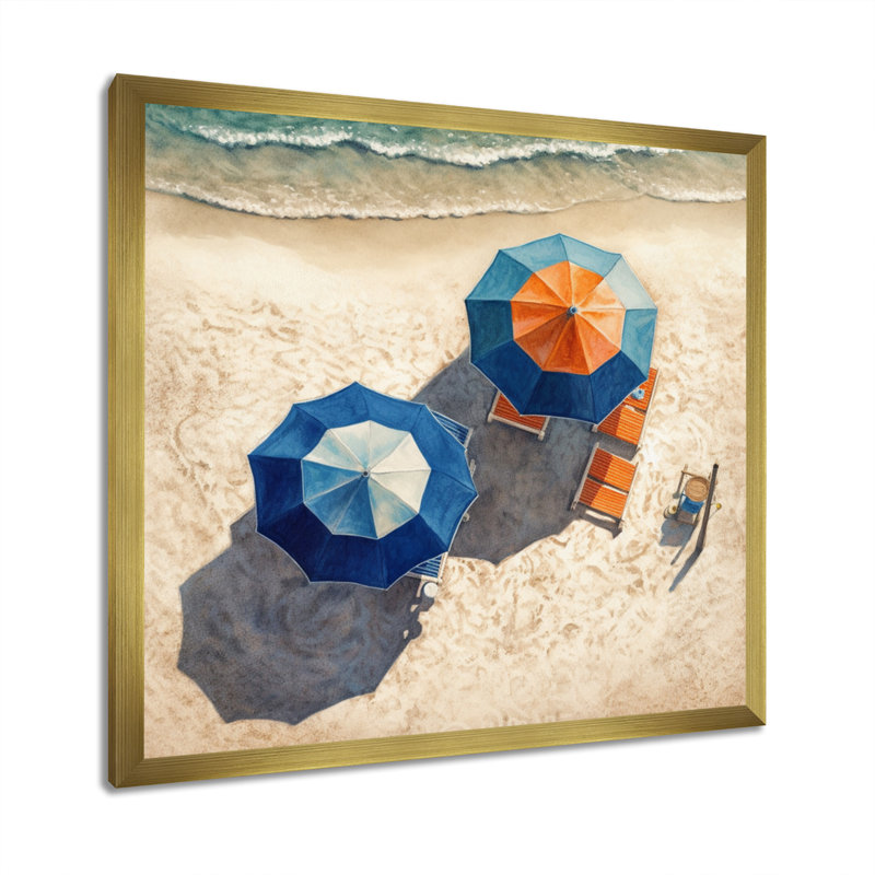 «Beachside Chairs And Umbrellas V», reproduction sur toile, H 36 po x l 36 po x P 1,5 po, Encadrement doré