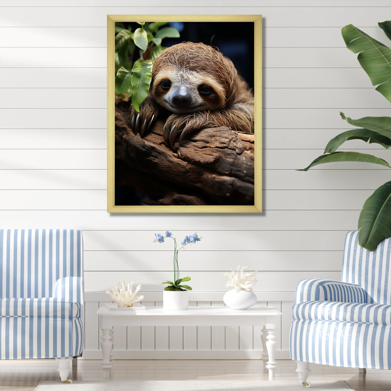 Rustic Repose Sloth sur toile, H 32 po x l 16 po x P 1 po, Cadre doré simple