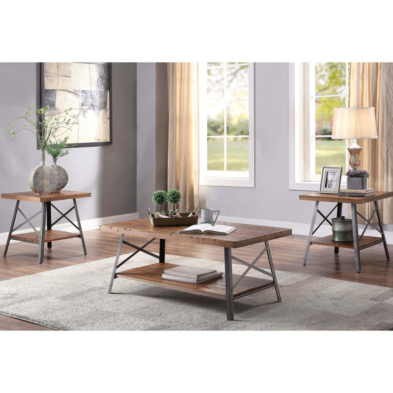Ensemble de 2 tables de bout rustiques en chêne vieilli et noir sableux avec tablette