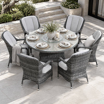 6-Person Wicker Patio Dining Set with Round Table, Lazy Susan, Cushions and Umbrella Hole