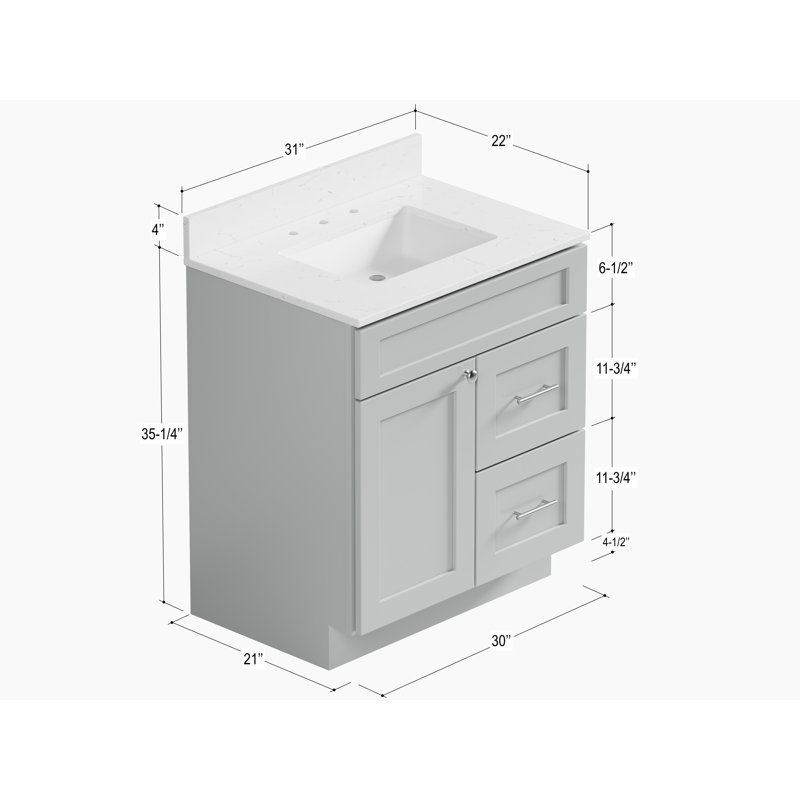 Chrisna D S R 30'' Single Bathroom Vanity Shaker Style Quartz Top Right Drawer, Gray