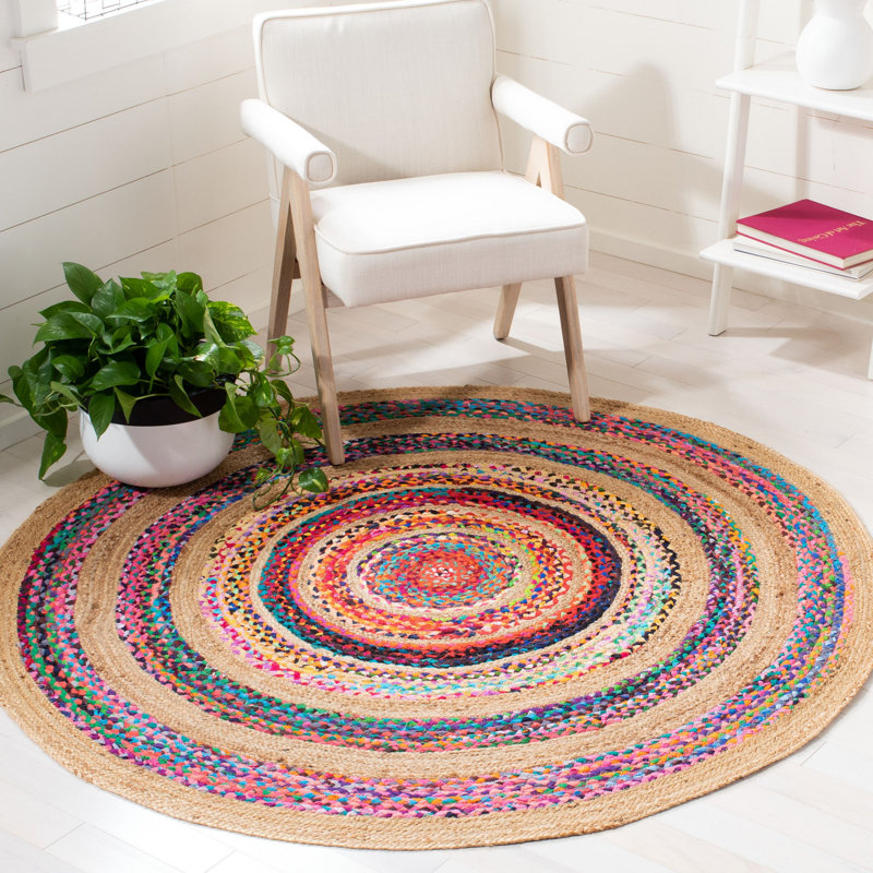 Holtby Natural Fiber Flat Weave Chindi And Jute Geometric Rug, Round 5'