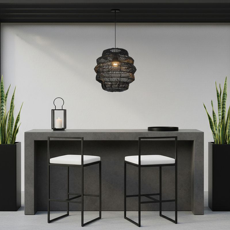 1-Light Wicker Outdoor Pendant, Coastal Boho Tiered Drum - Handwoven, Matte Black