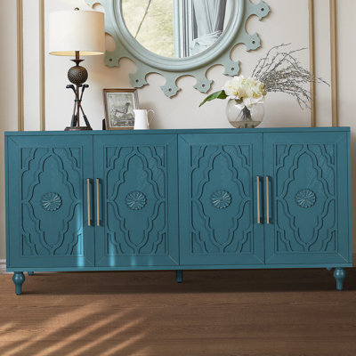 Grande armoire de rangement 63 po avec poignée en métal, portes à fleurs sculptées, console en bois Mordern avec tablettes réglables pour le salon, la cuisine et le vestibule (bleu marine)