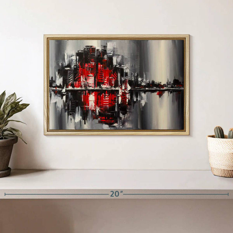 Abstract Cityscape, 13" X 9", Floating Frame Natural Wood
