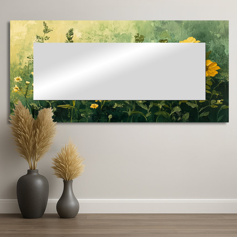 Été fleurs sauvages dans les tons verts et jaunes II - Art mural miroir floral - imprimé sur métal, 28 po x 60 po
