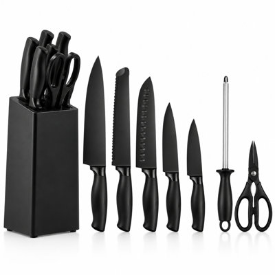 Ensemble de 8 couteaux de cuisine à revêtement noir avec bloc à couteaux, couteaux de cuisine tranchants en acier inoxydable à haute teneur en carbone, ciseaux de cuisine et fusil à aiguiser pour la cuisine maison