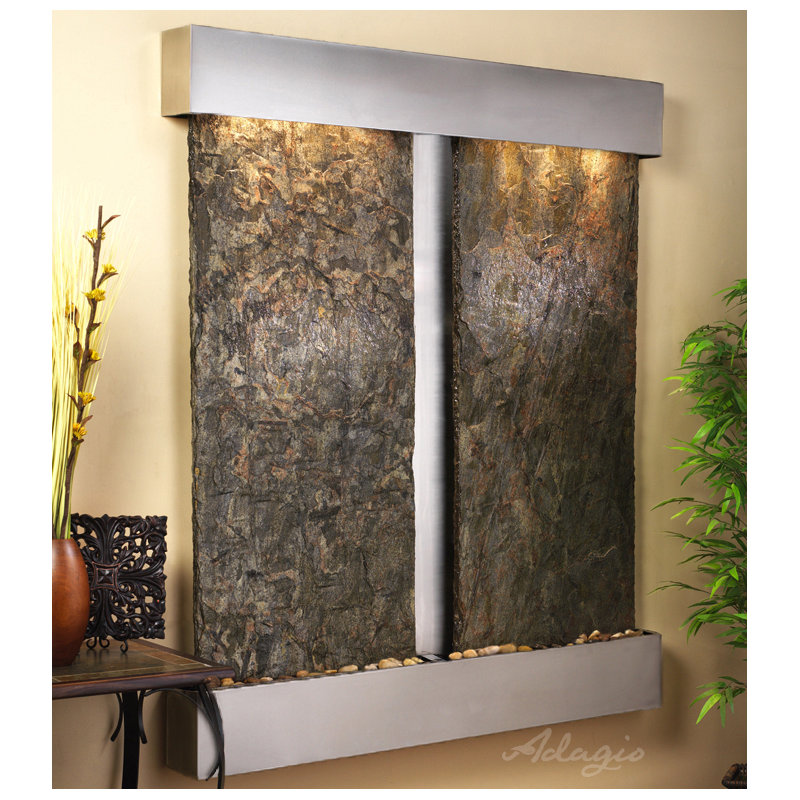 Cottonwood Falls Fountain with Light, Stainless Steel, Green Slate, Square