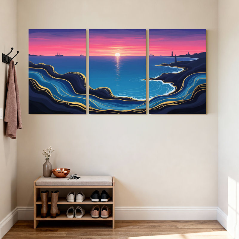 «Nautical & Beach Sunset Ocean Waves Golden Lines Coastline Sky Reflection», ensemble de 3 impressions sur toile