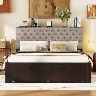 Queen Size Wood Platform Bed with Storage Headboard, 4 Drawers & Shoe Rack, Solid Pine Construction, Easy Assembly,Espresso