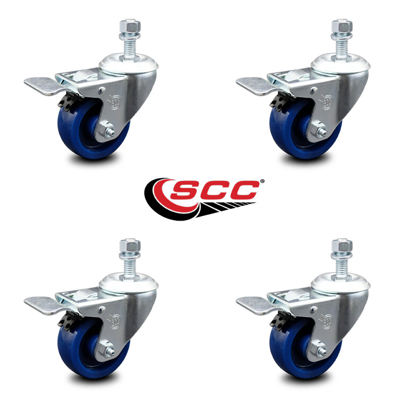 3.5 Inch Solid Polyurethane Swivel 12mm Stem Caster Set Total Lock Brake SCC