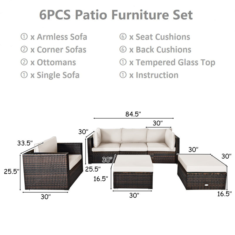 Ensemble de conversation modulaire en rotin 7 pièces avec coussins Patiojoy, Blanc