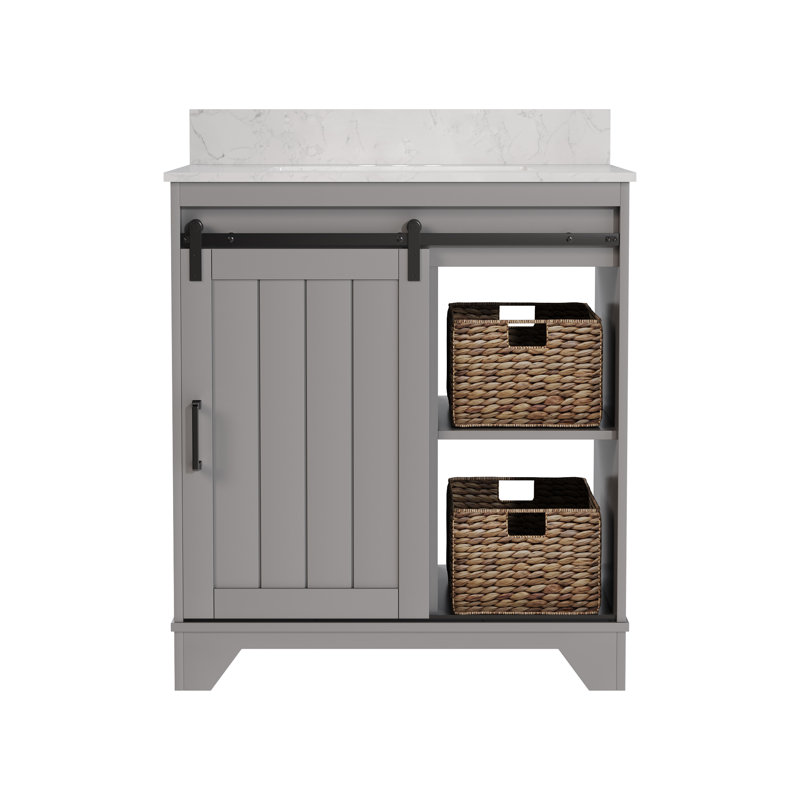 Gray 30" Freestanding Bathroom Vanity with Ceramic Sink and Storage Baskets