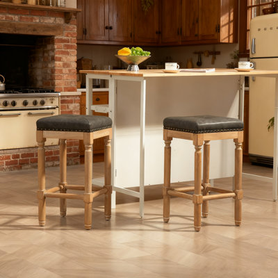 2-piece 26” Tufted Wooden Stools - Dark Gray Rubber Wood Counter Bar Stools |  4 Footrests, 27.50h Inches | Ideal For Home Bars/kitchen Islands/bar Tables | 300lbs Capacity, Easy Assembly | Hot Sale Comfortable Home Bar Seating