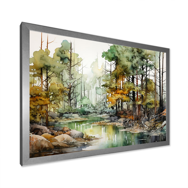 Paysage de forêt à l'encre alcoolisée sur toile, Cadre simple argenté, H 24 po x l 32 po x P 1 po