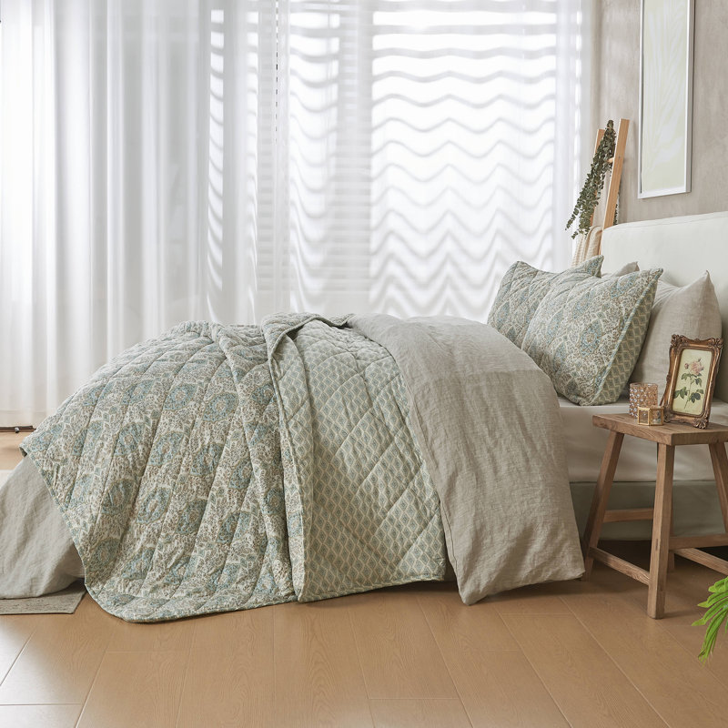 Blue Taupe Floral Reversible Twin Quilt Set with Shams