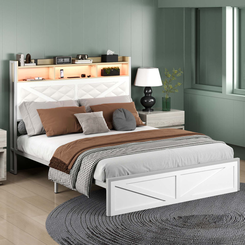 Diamond Rustic Upholstered Platform Bed, White, Queen