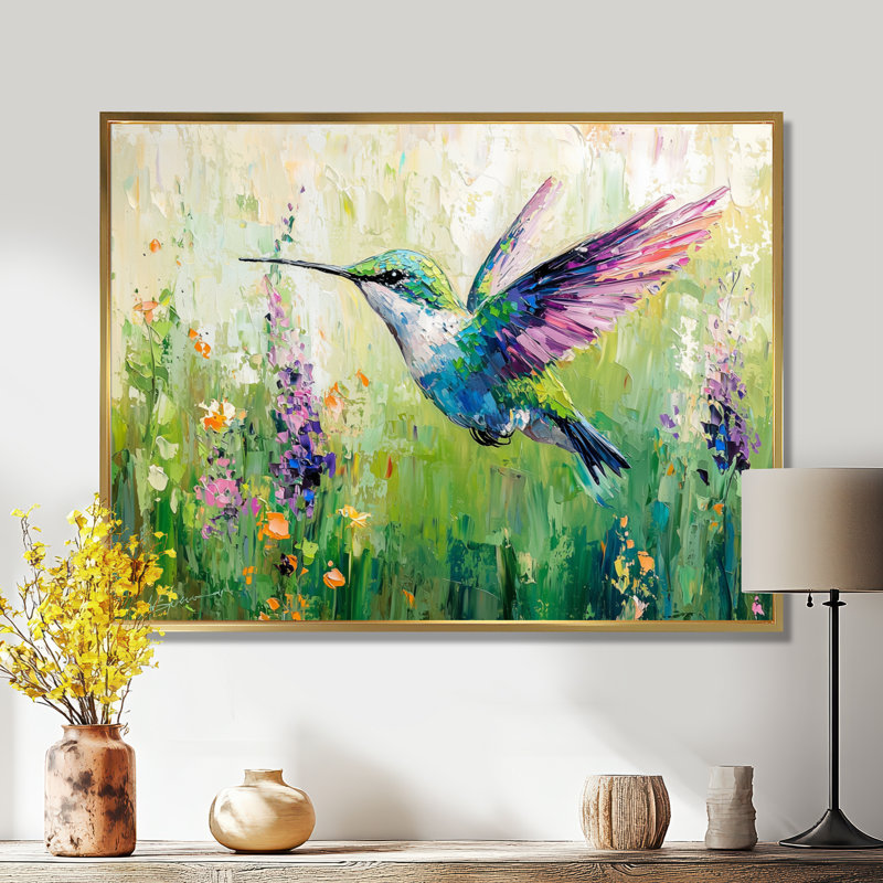 Colibris curieux Meadows I - impression murale de colibri, H 30 po x l 40 po, Doré