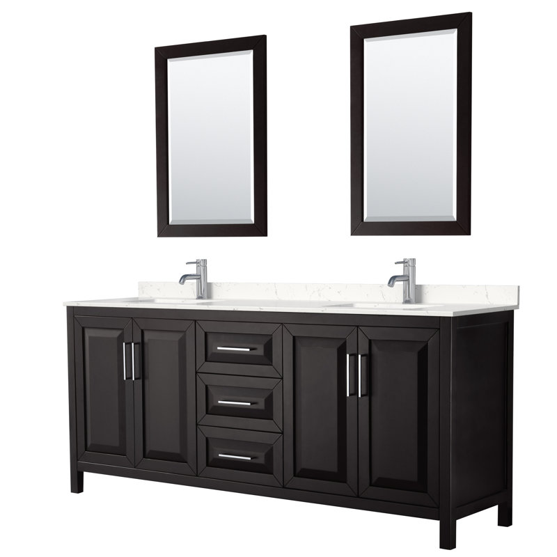 Ensemble de meuble-lavabo double 80 "avec miroir Daria, Espresso foncé, Chrome poli, Marbre de culture de Carrare