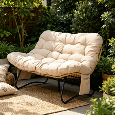 52" Beige Outdoor PE Rattan Double Papasan Loveseat, 2-Seater Patio Chair With Tufted Cushion, Black Metal Frame With Adjustable Feet For Porch, Backyard, Living Room