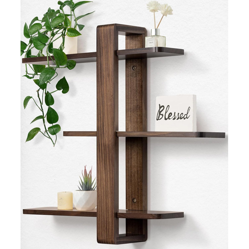 3 Tier Adjustable Floating Wall Shelves,  20" Pine Wood Shelf for Living Room Bedroom Bathroom, Walnut Plant Photo Storage Shelving