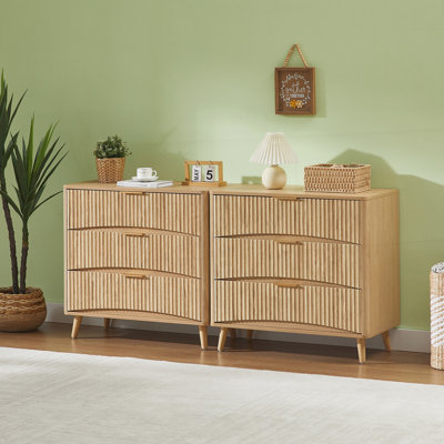 Fluted 3 Drawer Dresser Set of 2, Mid-Century Modern Tall Chest of Drawers with Vertical Grooved Design