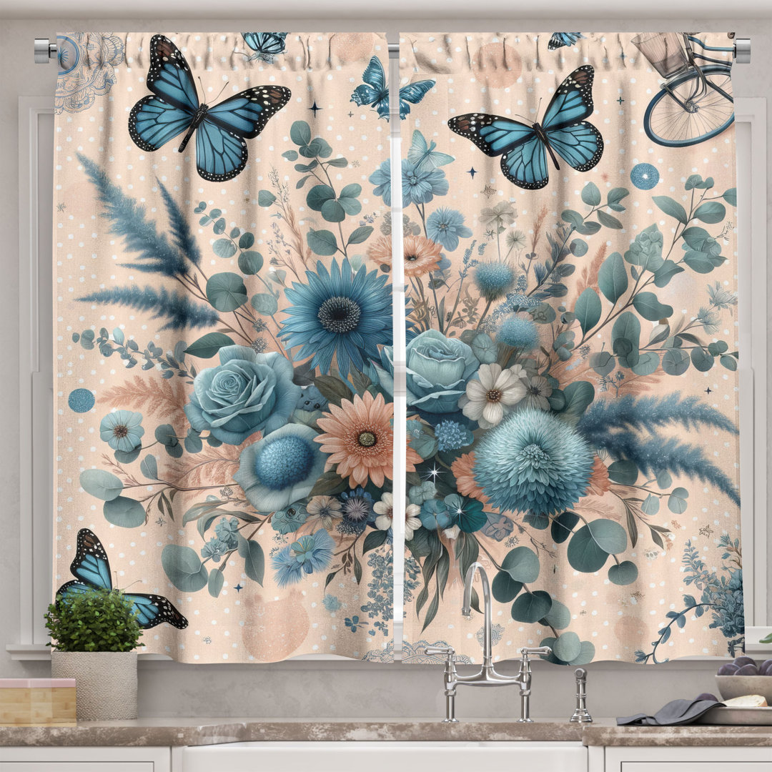 Ambesonne Floral Eucalyptus Kitchen Curtain Joyful Spring Blush and Sea Blue (Set of 2) Ambesonne