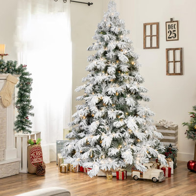 Pre-Lit Snow Flocked Christmas Tree with PVC Branches, LED Lights, Foldable Metal Base