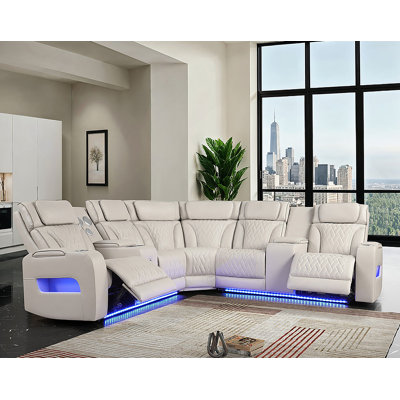 Canapé modulaire inclinable électrique de 117 pouces avec haut-parleurs Bluetooth, lumières DEL, chargement USB et rangement intégré.