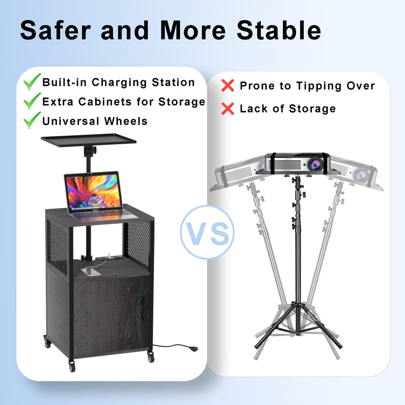 Adjustable Height Black MDF and Steel Projector Cart