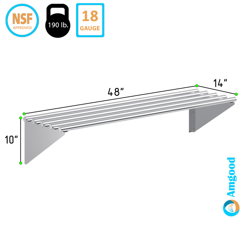 Amgood 14 po X 36 po Tablette murale tubulaire en acier inoxydable, L 48 po x P 14 po