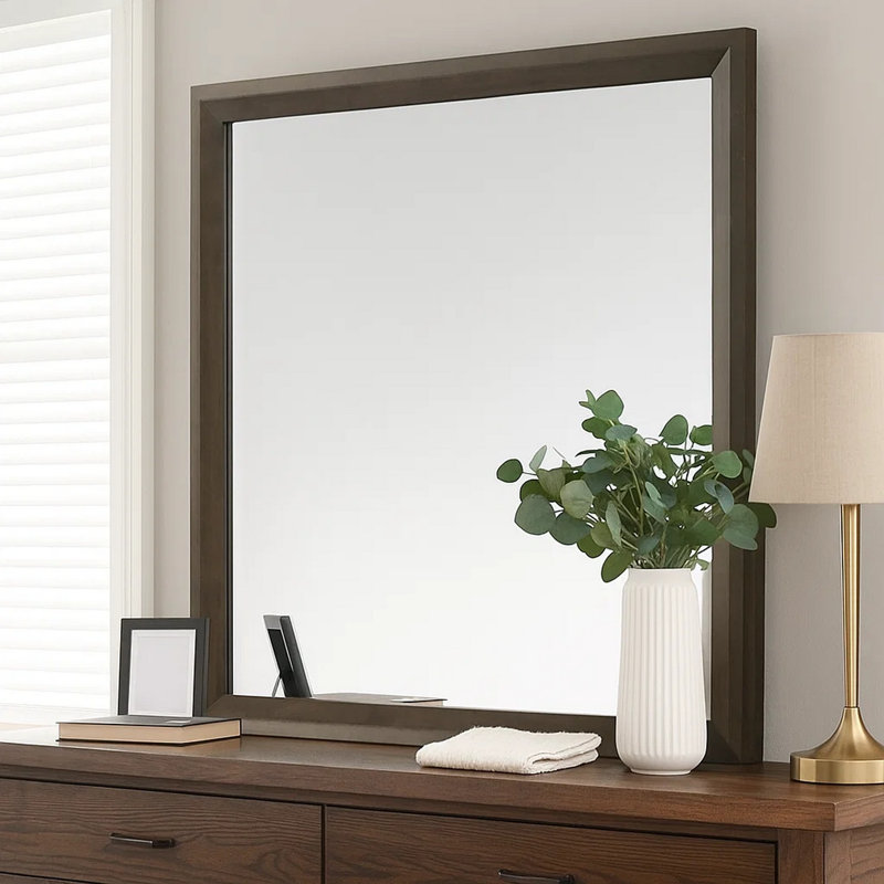 Miroir de commode Fel, verre biseauté, cadre en bois brun foncé, 44 x 45