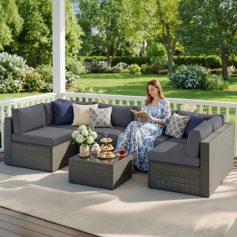 Ensemble de conversation modulaire en osier avec coussins 7 pièces, Cadre gris / coussin gris