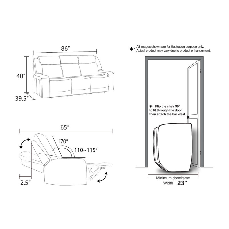 Canapé inclinable électrique Menlo 86 po en cuir respirant avec siège large, tablette rabattable, porte-gobelets et éclairage DEL bleu