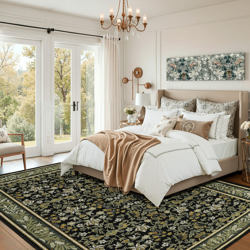  8x10 Washable Area Rugs for Living Room, Vintage Floral Print Bedroom Rugs Soft Non Slip Accent Farmhouse Carpet for Dining Room Office Oriental Low Pile Large Throw Rug, Green Black