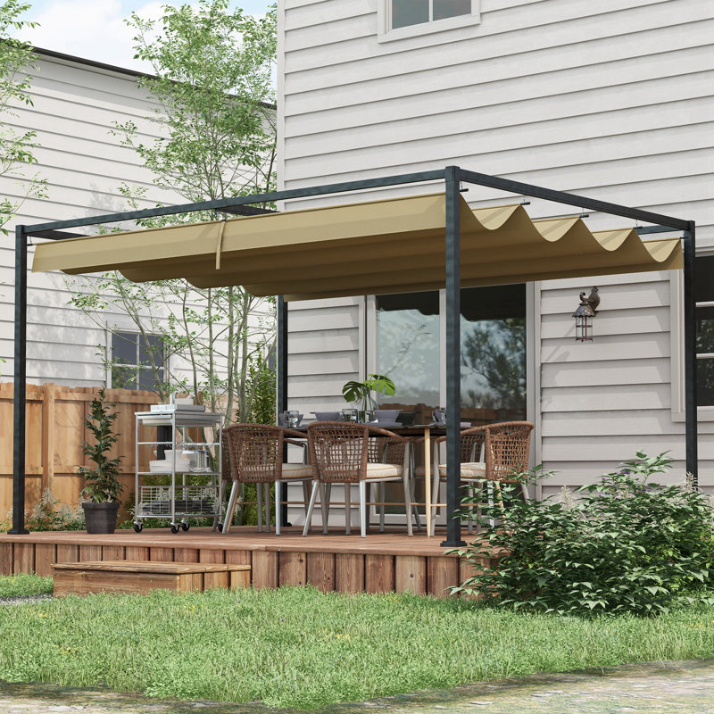 3 X 2m Retractable Metal Pergola, Powder Coated Frame Retractable Canopy Shelter, Uv & Water Resistant Gazebo With Drainage Grommet Holes For Outdoor Patio Garden, Khaki