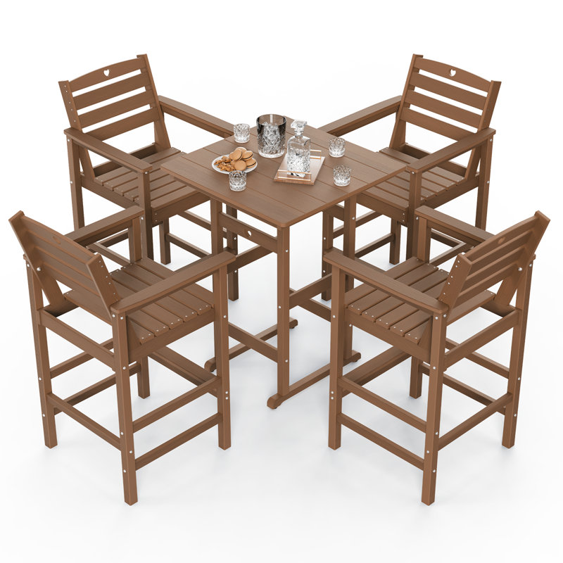 5-Piece Bar Height Outdoor Table and Chairs Set HDPE Wood Grain Patio Bar Table and Chairs with Heart Cutout Design, Brown
