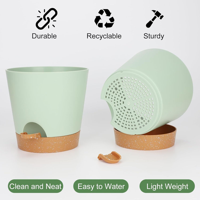 8-inch Green Self-watering Plant Pots Set Of 2