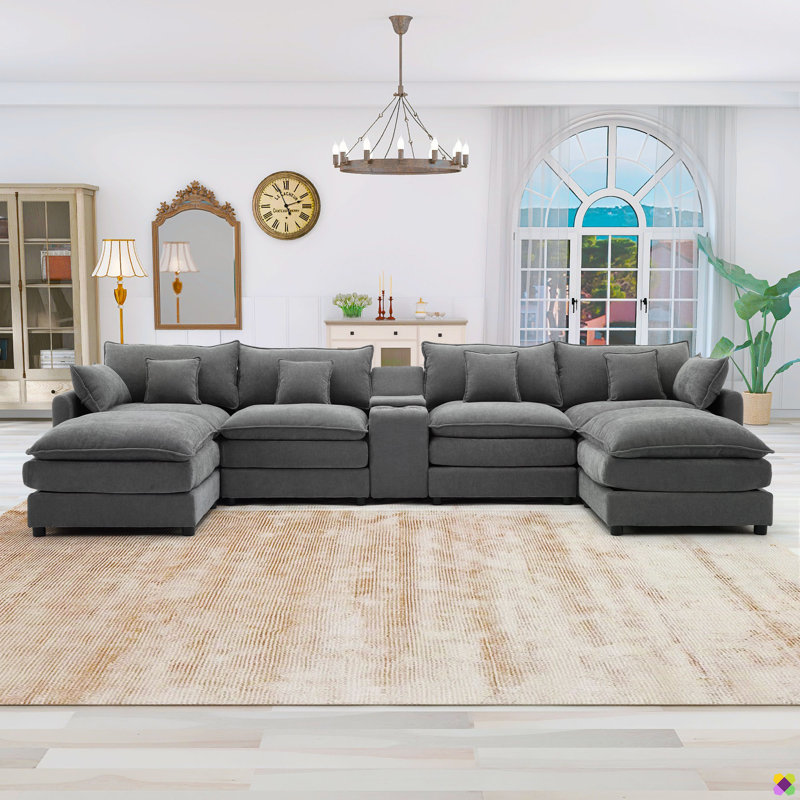 Merchelle 144.5"W 7 Piece Modular Sectional, Console, Cup Holders, USB Ports, Dark Gray Chenille