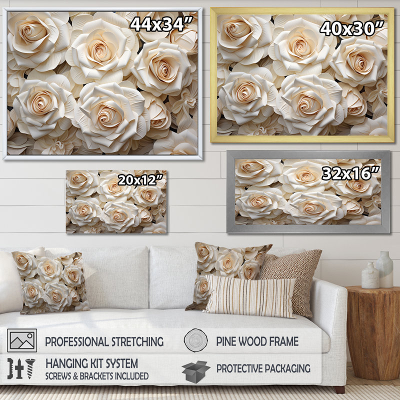 Minimalisme beige roses passion III sur toile, Cadre naturel flottant, H 30 po x l 40 po x P 1,5 po