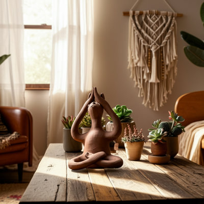 Boho Terracotta Pottery Figurine with Meditative Seated Animal Design.