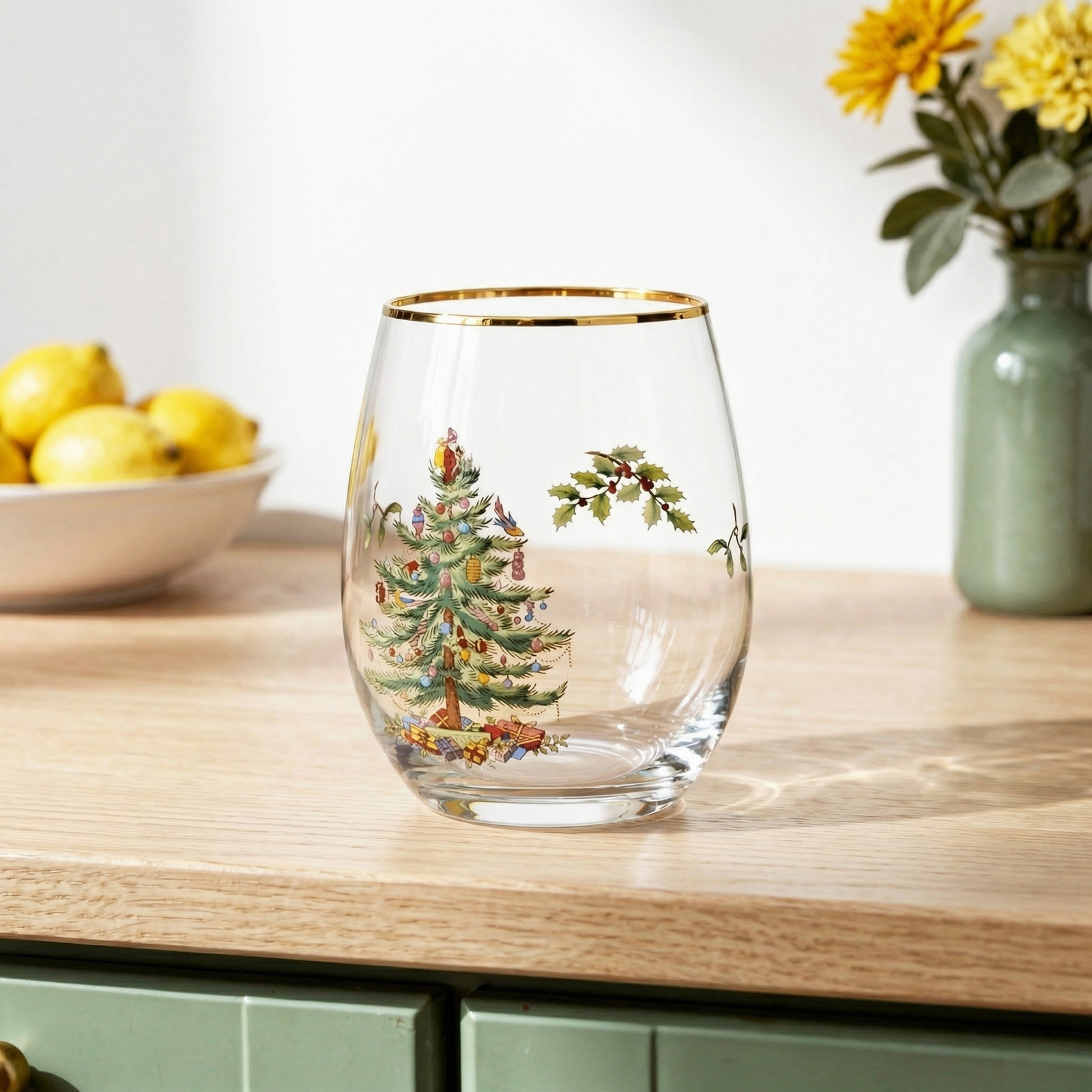 Christmas Tree Stemless Wine Glass