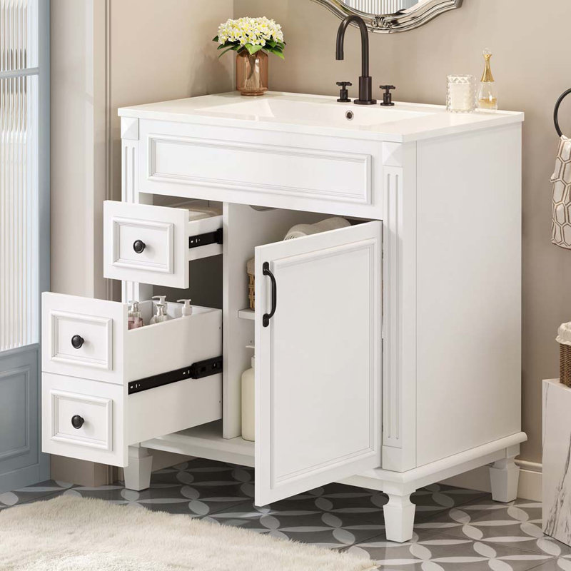 Meuble-lavabo avec lavabo en céramique, armoire avec 2 tiroirs et tablette réglable, Blanc
