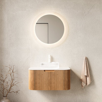 Meuble-lavabo de 30 po avec lavabo rond en verre transparent, armoire flottante, finition naturelle, pré-assemblé, rangement spacieux, tiroir à fermeture en douceur, conception à rayures 3D, lavabo en cristal, fabrication en contreplaqué,