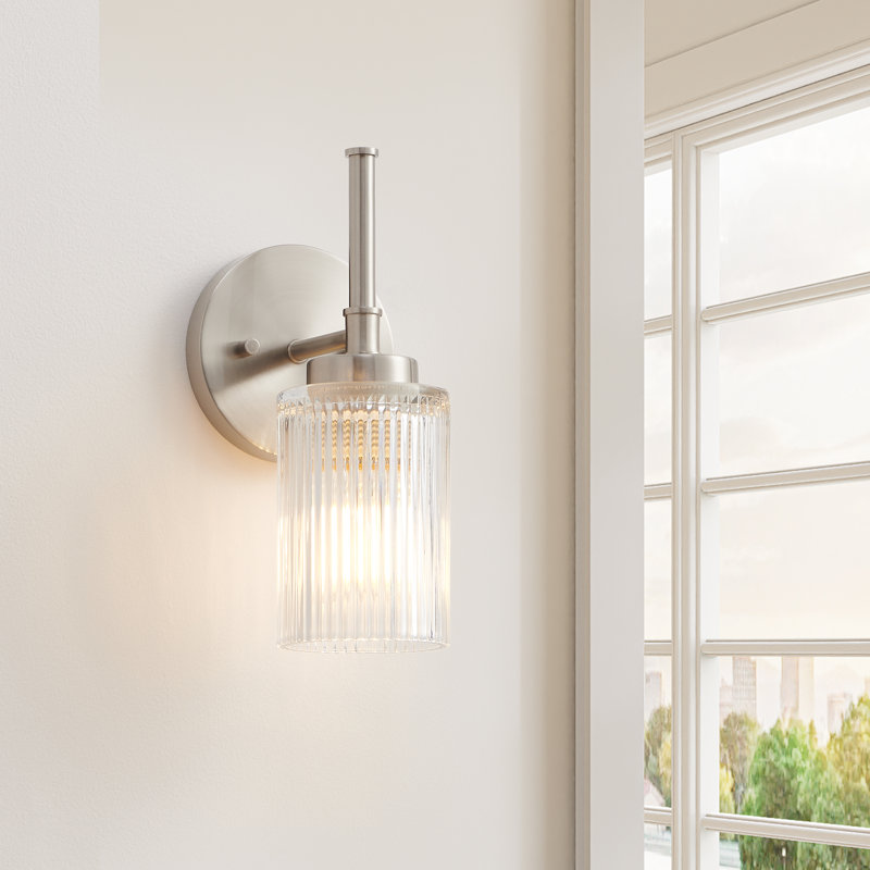 1- Light Clear Ribbed Glass Wall Sconce, Brushed Nickel