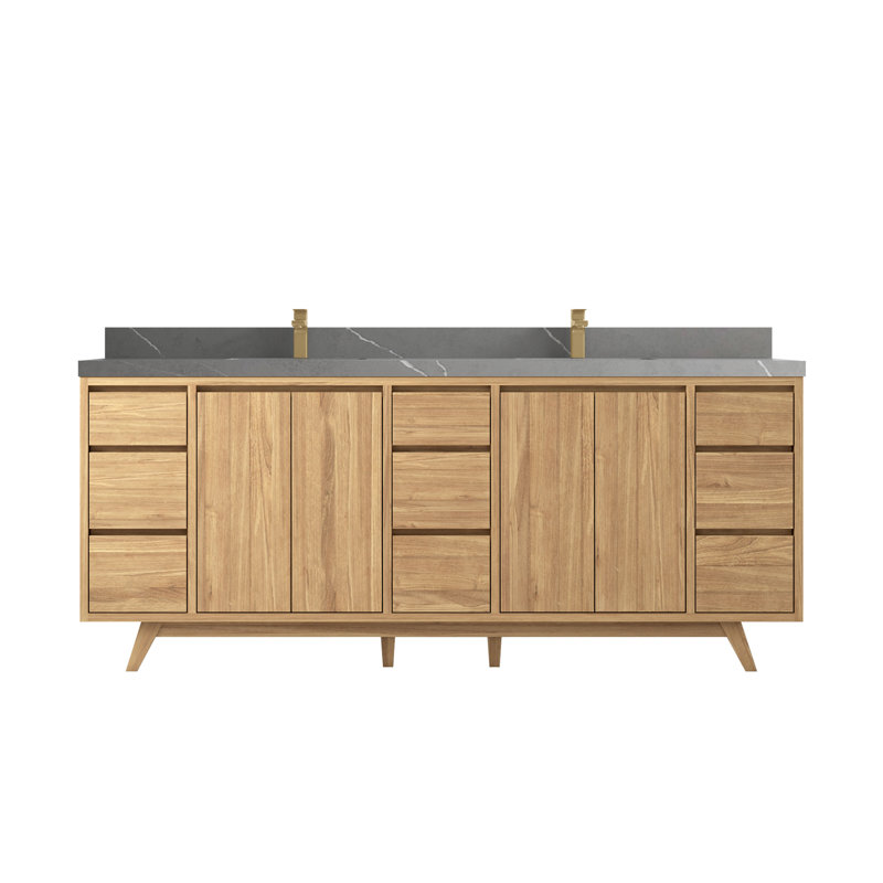 84'' Double Bathroom Vanity with Quartz Top, Natural, Piatra Gray